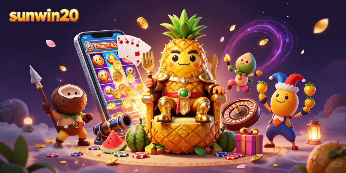 Experience the excitement of sunwin20 with the golden pineapple king in a vibrant casino scene.