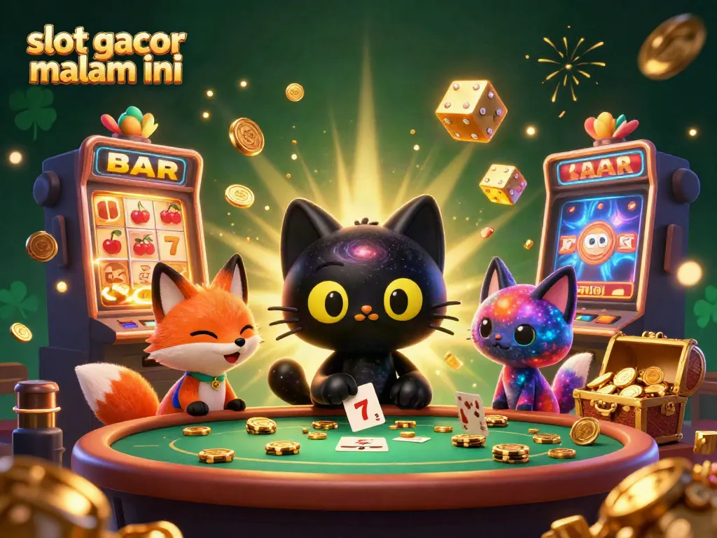 Menangkan slot gacor malam ini dengan ilustrasi kucing dan fox kosmik berinteraksi di kasino digital.