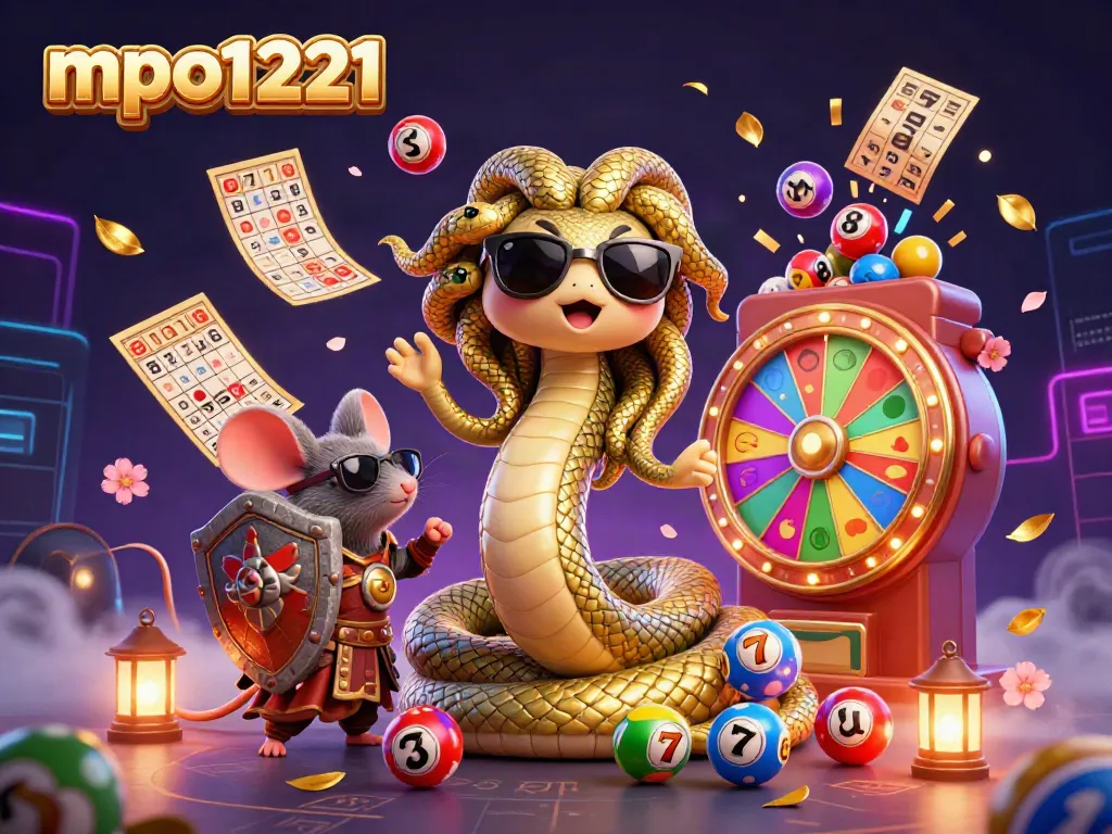 Experience the excitement of mpo1221 with captivating lottery and slot game elements in a vibrant illustration.