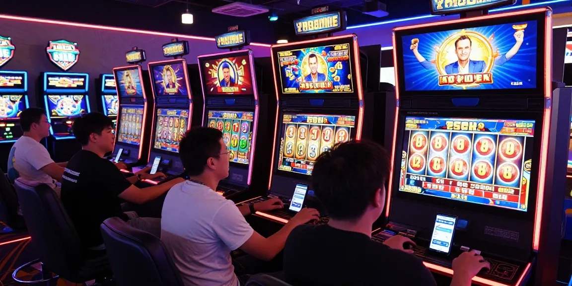 Exciting online slot gaming scene with vibrant graphics and players celebrating big wins.