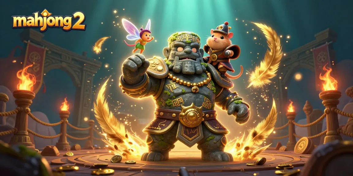 Engage in mahjong 2 featuring a magical showdown with a stone golem guardian and whimsical characters.