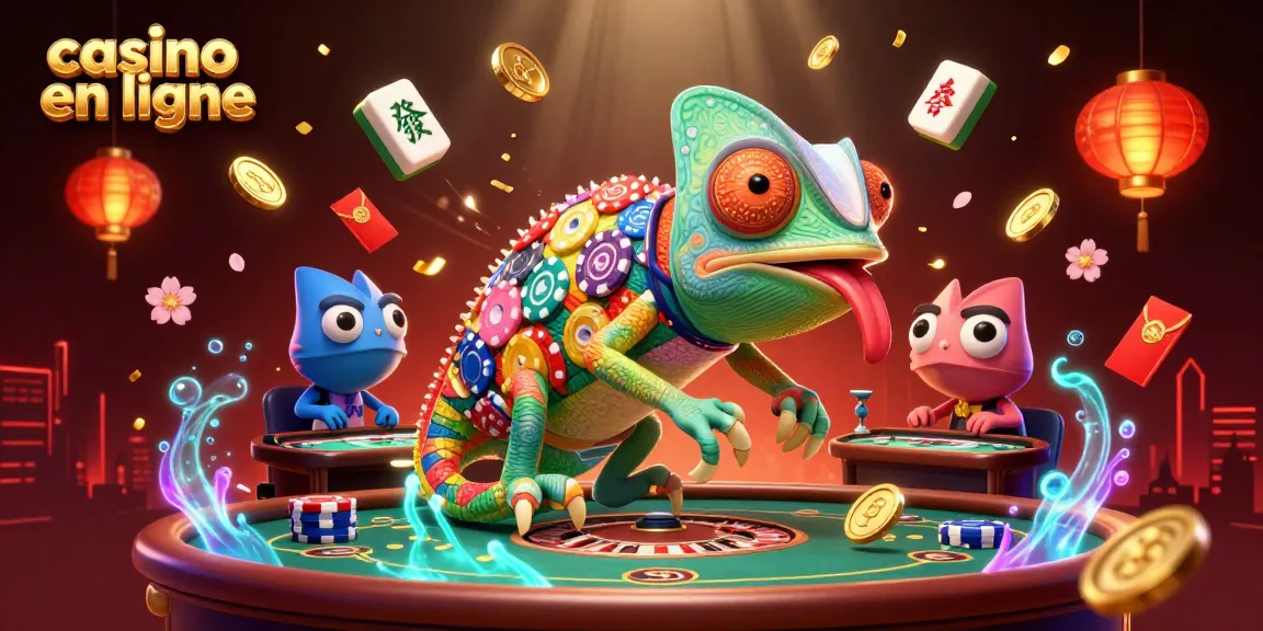 Jouer dans un casino en ligne avec des éléments colorés et un caméléon, ambiance festive.