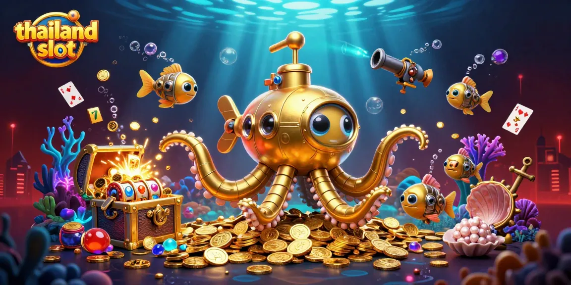 Win big with the thailand slot illustrated scene featuring a golden kraken submarine and dynamic slot elements.