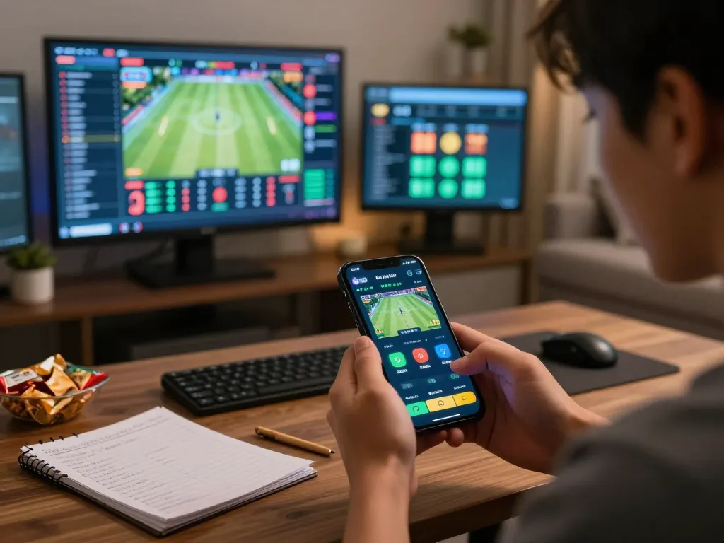 Person using smartphone for keo nha cai sports betting in a modern home setup.