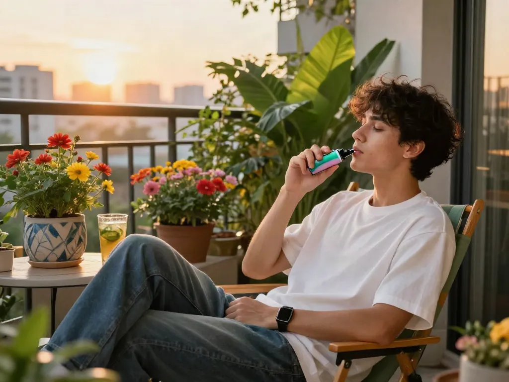 Enjoying a packwoods disposable 2 gram vape pen on a sunny balcony, surrounded by greenery.