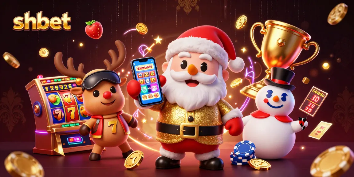 Shbet showcases a casino-themed illustration with Santa holding jackpot slots, creating a festive gaming atmosphere.