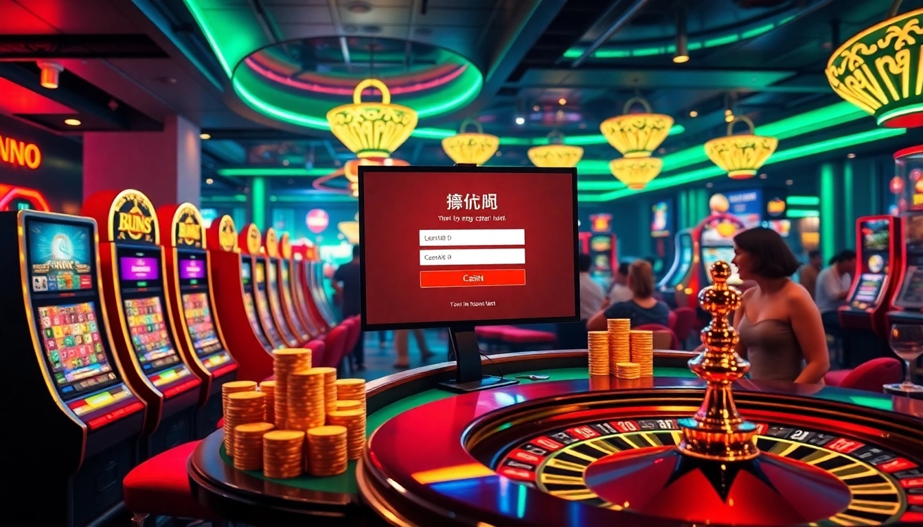 Engaging casino scene featuring a login interface for লগইন, vibrant slot machines, and poker chips.