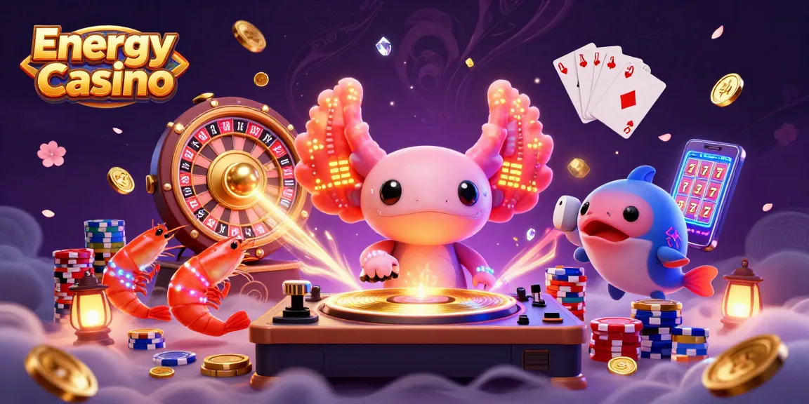 Az Energy Casino játékosai szórakoznak, míg a neon axolotl DJ zenél és jackpotot pörgetnek.