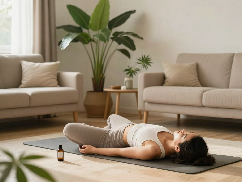 Wellness scene featuring a person practicing yoga with CBD oil nearby in a soothing home environment, emphasizing an online dispensary that ships to all states.