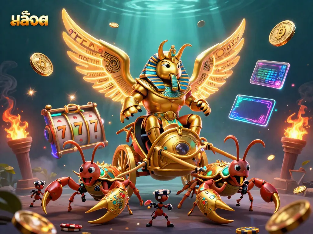 Spin the reels with สล็อต, showcasing a vibrant chariot scene filled with casino elements and crypto coins.