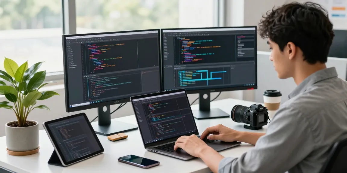 Professional workspace with a coder using 纸飞机中文版 on dual monitors, showcasing tech innovation.