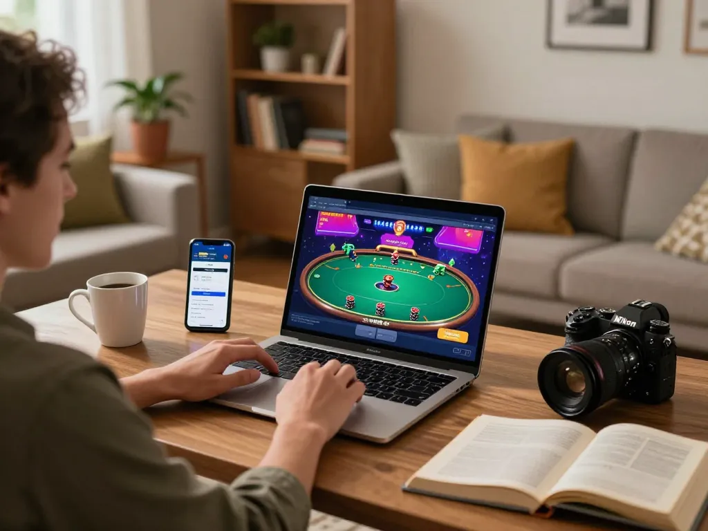 Engaging in online casino action with keonhacai in a cozy home gaming setup