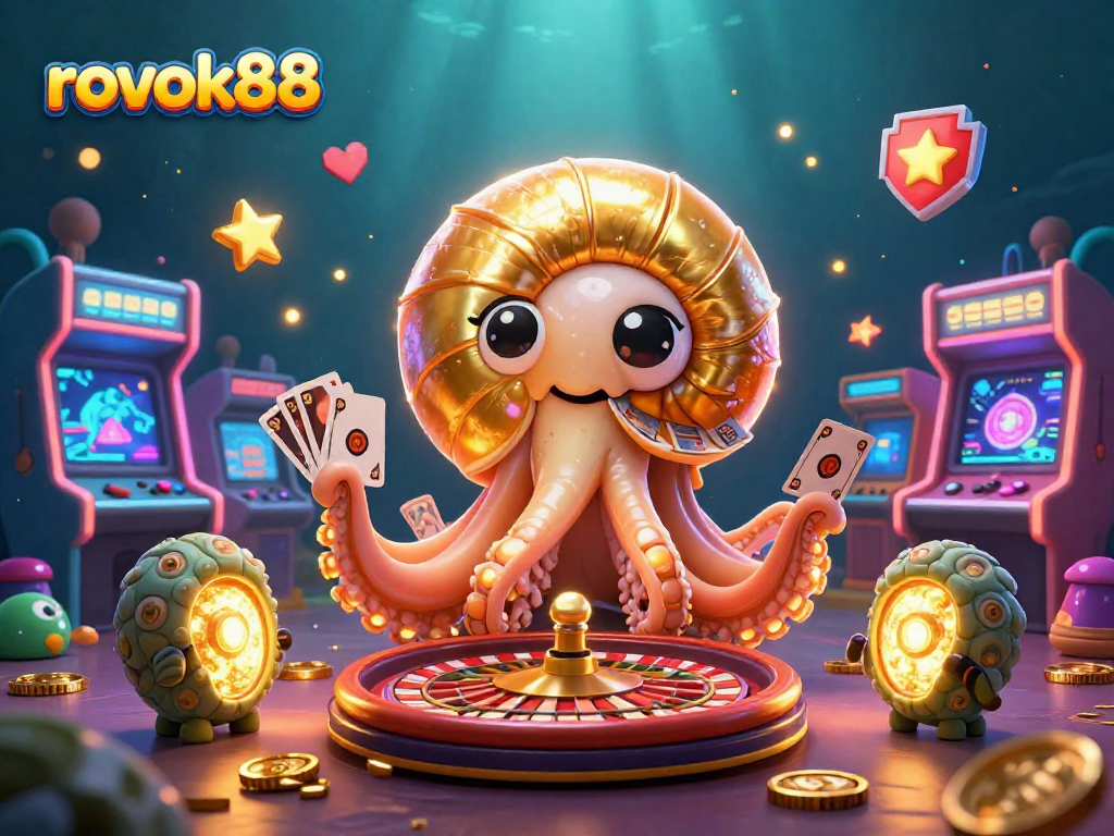 Play exciting games with rokok88 in a vibrant 3D casino illustration featuring dynamic elements