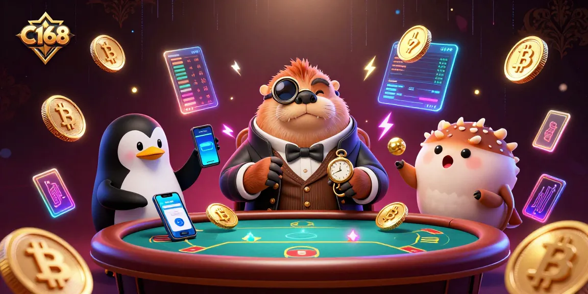 Engage with C168's vibrant underwater poker scene featuring whimsical characters and crypto elements.