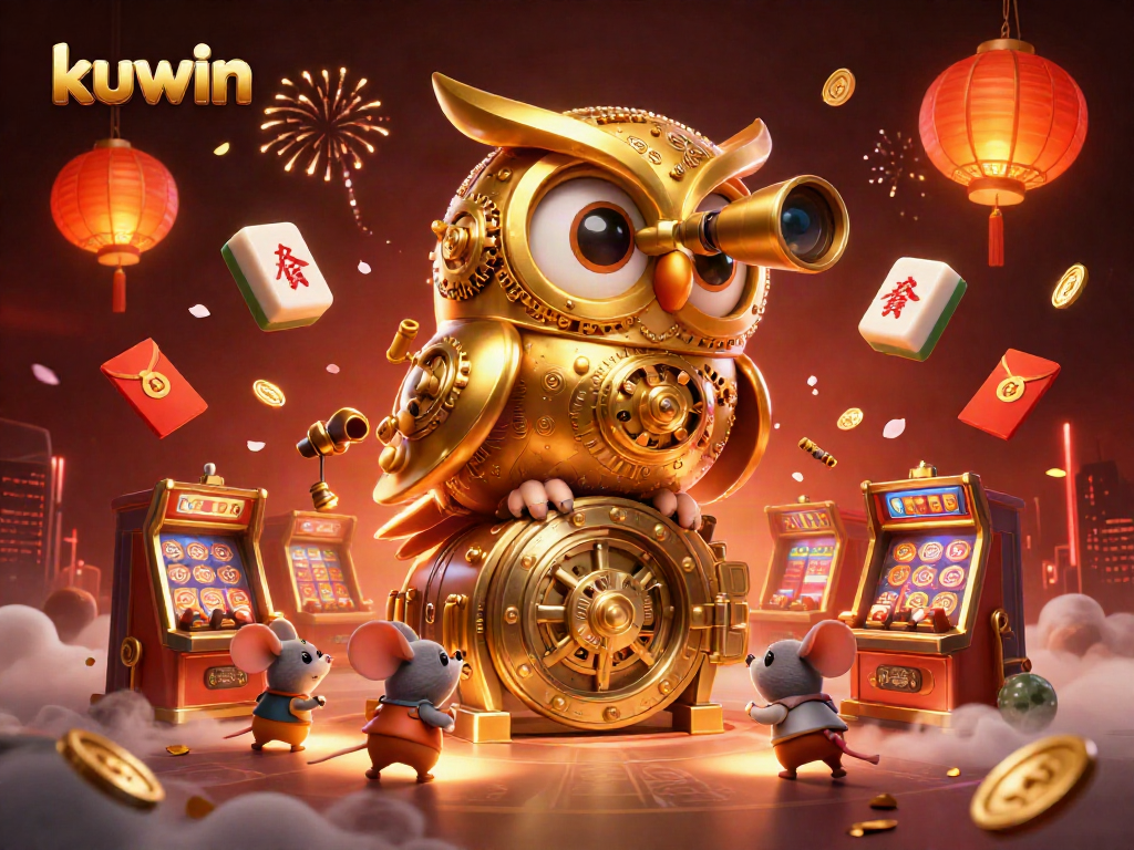 Kuwin game illustration featuring a golden owl scanning a lively casino floor filled with dynamic elements.