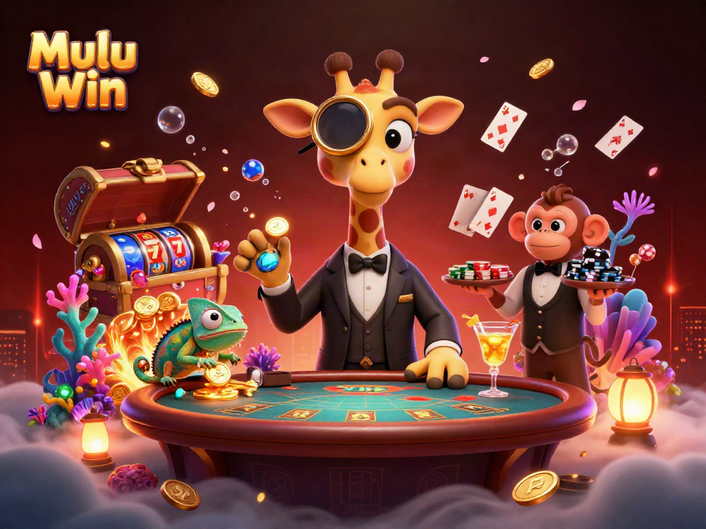 Experience the thrill of Mulu Win while playing poker with a stylish giraffe, lively monkey valet, and vibrant cocktail-making chameleon in a richly-packed casino scene.