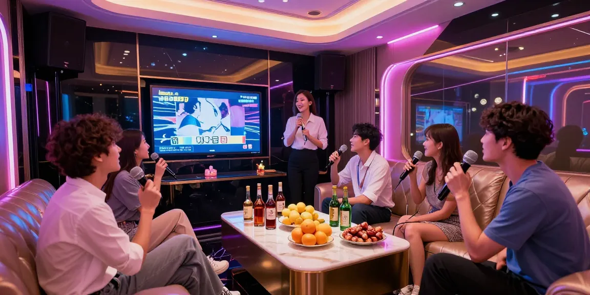 Friends having fun at a 강남가라오케 private karaoke room with premium drinks and a vibrant atmosphere.