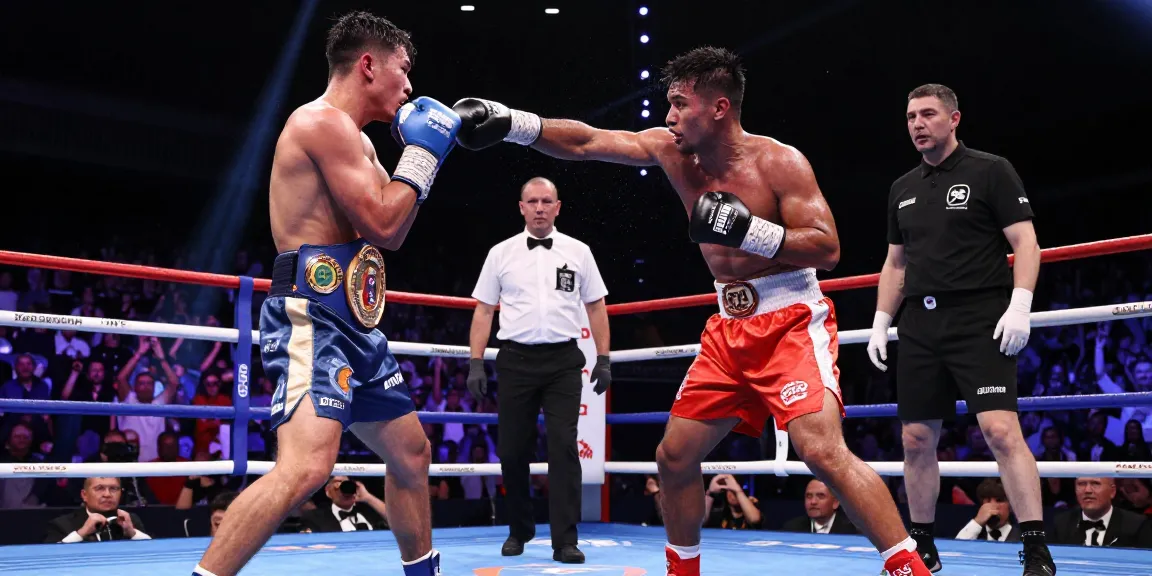 Undisputed champion in a high-energy boxing match, showcasing championship belts and intense crowd support.