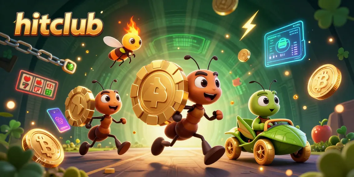 hitclub's dynamic heist scene with cartoon ants carrying a giant poker chip amidst slots, crypto coins, and glowing effects