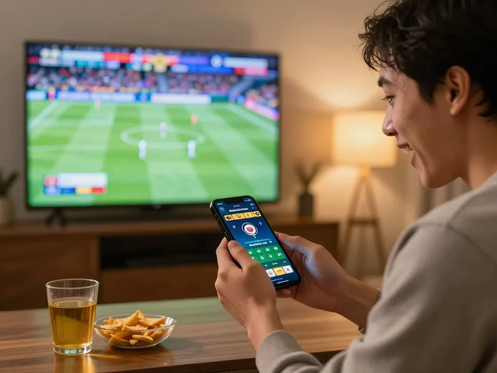 Engaging in sports betting on 92slot app while watching live games at home.