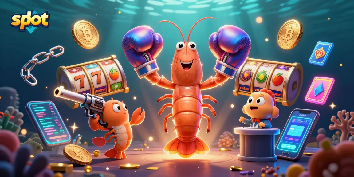 Engage in slot action with vibrant cartoon shrimp and neon crypto coins amidst dazzling casino elements.