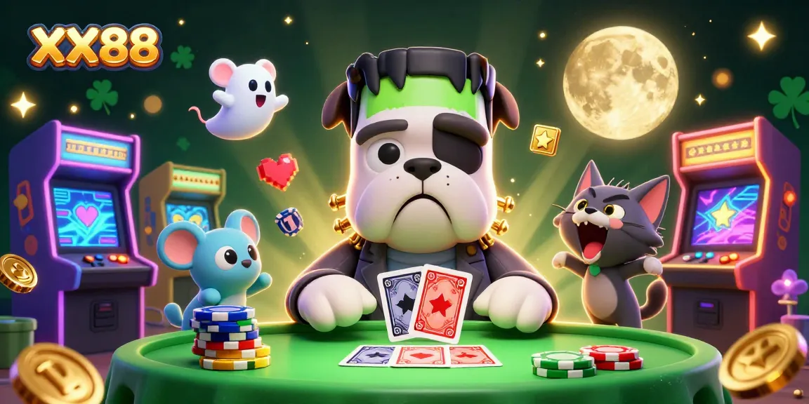 Engage with XX88's lively casino scene featuring a Frankenstein bulldog dealer and vibrant gaming elements.