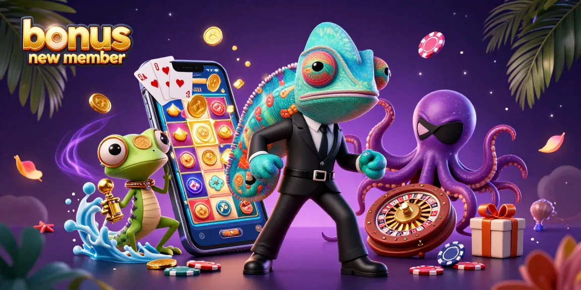 Engage with the vibrant world of bonus new member benefits as colorful casino elements burst around dynamic cartoon characters.