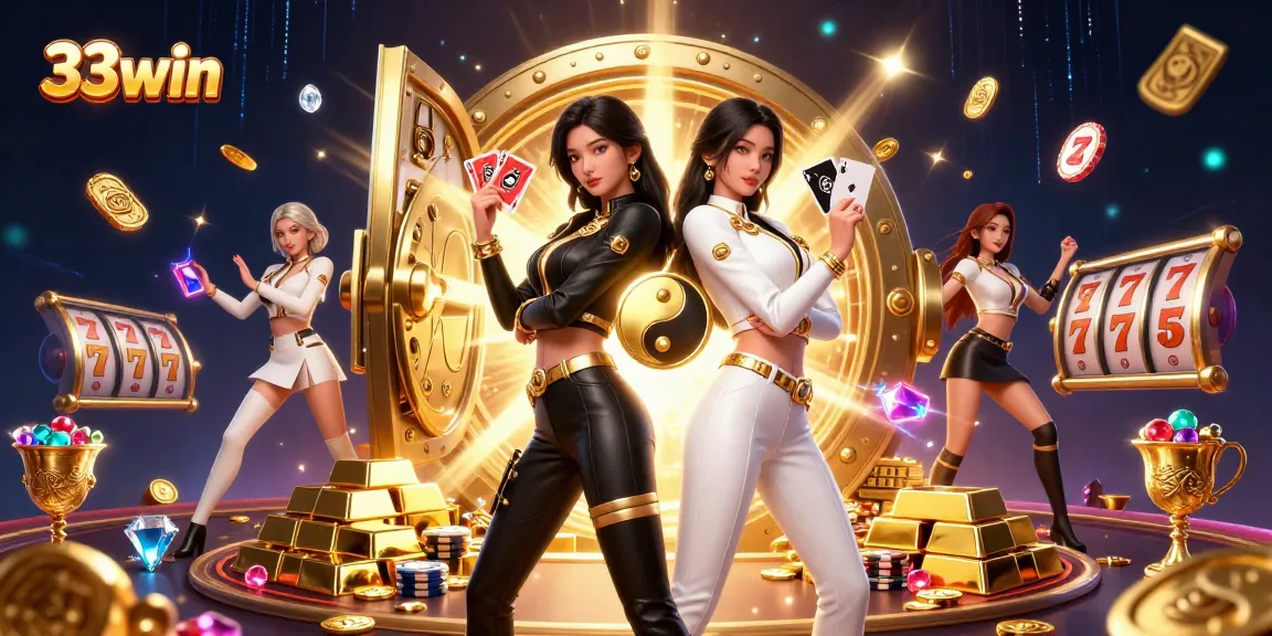 33win showcases a stunning 3D illustration of twin Asian women with playing cards in a vibrant casino scene.