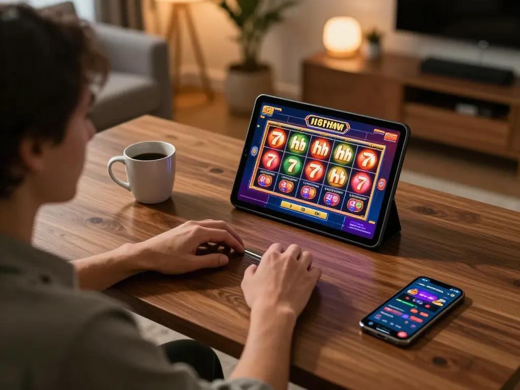 Engaging with 7hh casino slots on a tablet in a cozy home gaming setup