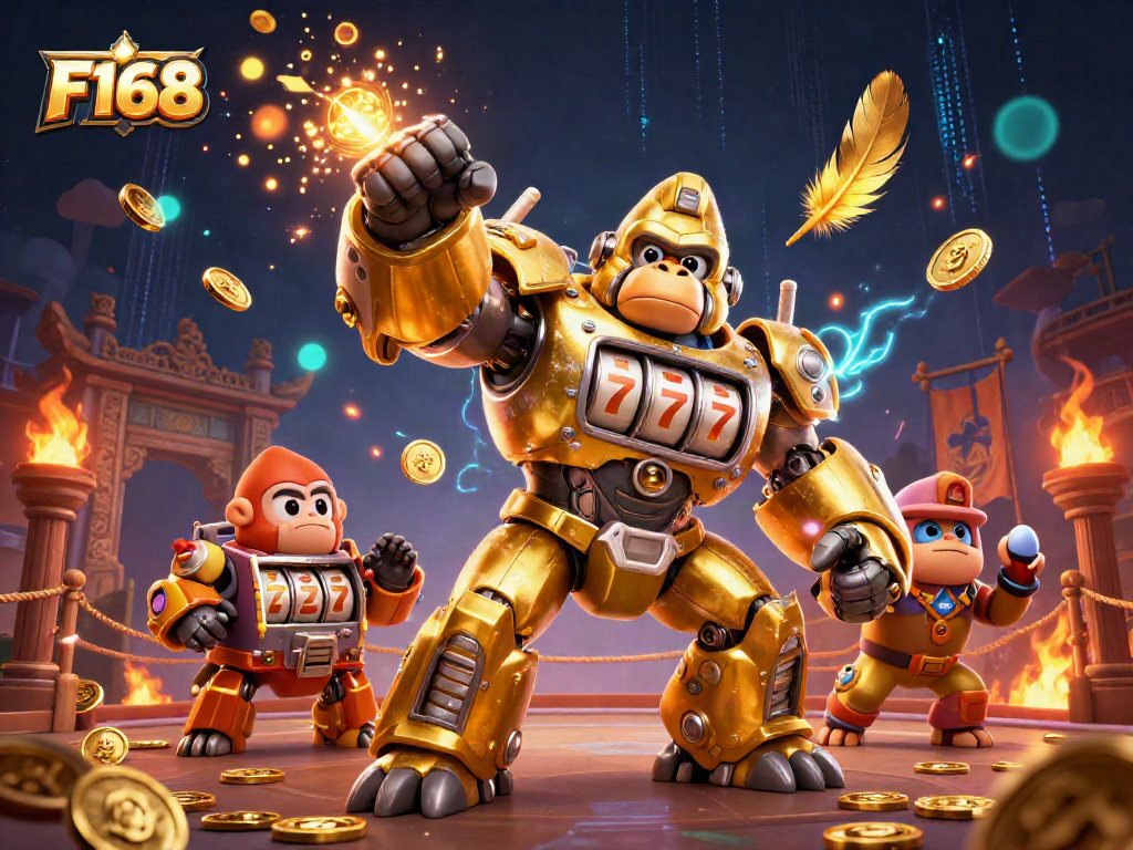 Experience F168 with thrilling action featuring a golden gorilla mech surrounded by casino elements.