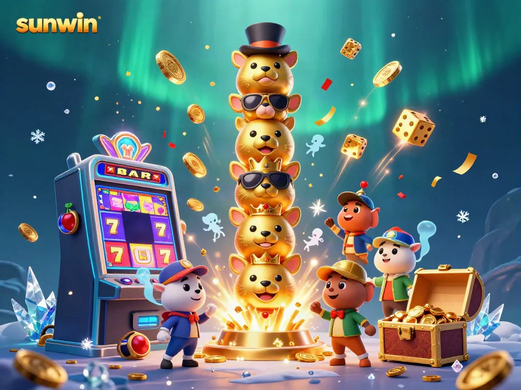 Experience thrilling prizes at sunwin with a vibrant 3D gaming scene showing a totem pole and slot machine.