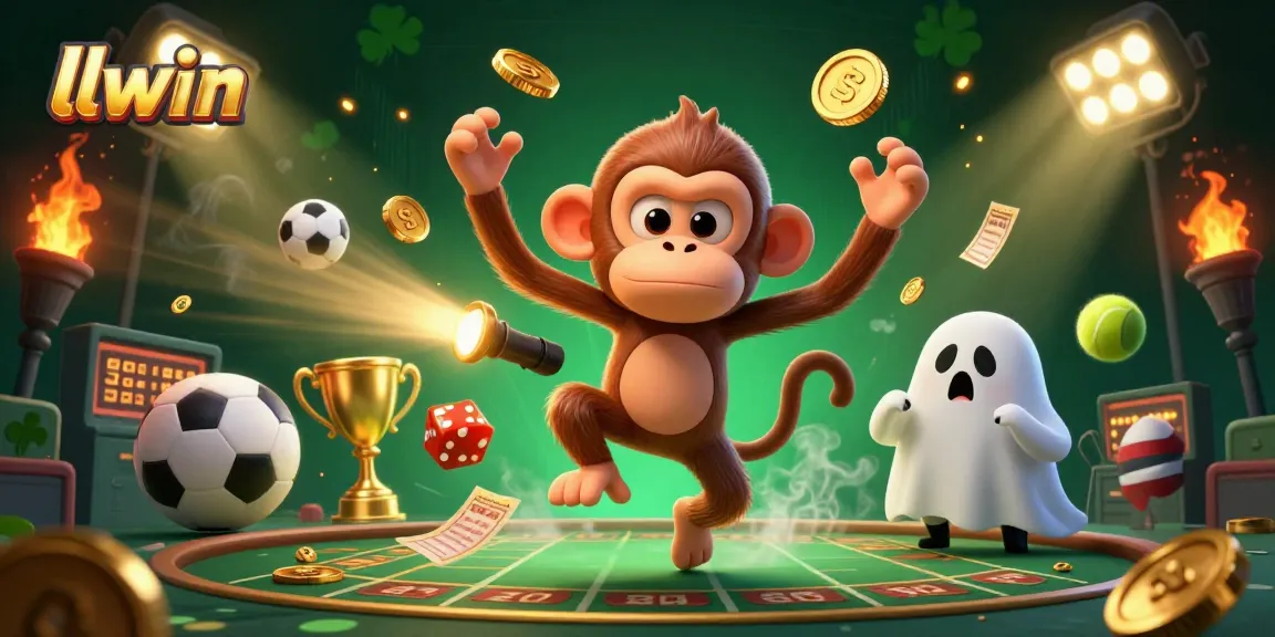 Experience thrilling action with llwin's lively casino scene featuring a playful ghost-hunter puppy and a mischievous monkey.