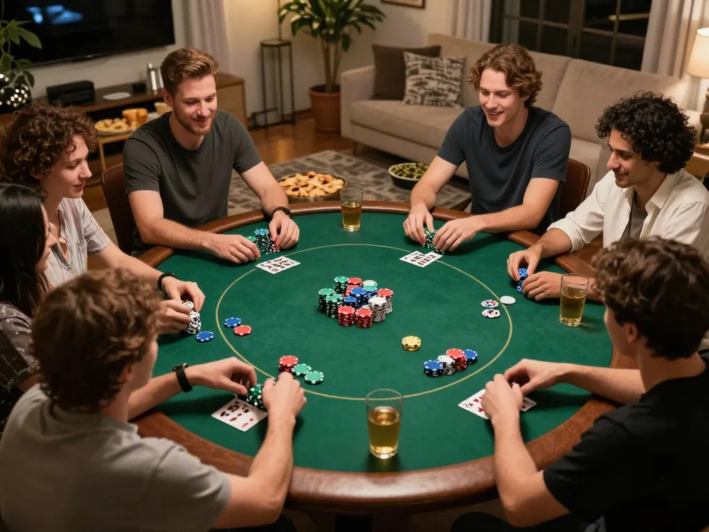 Engaging poker night scene with friends playing, highlighting the keonhacai strategy in a cozy home environment.