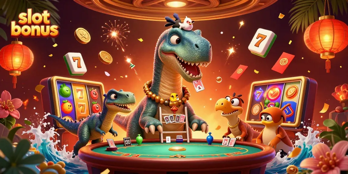 Engage with the vibrant slot bonus scene featuring a brontosaurus overseeing a thrilling casino atmosphere.