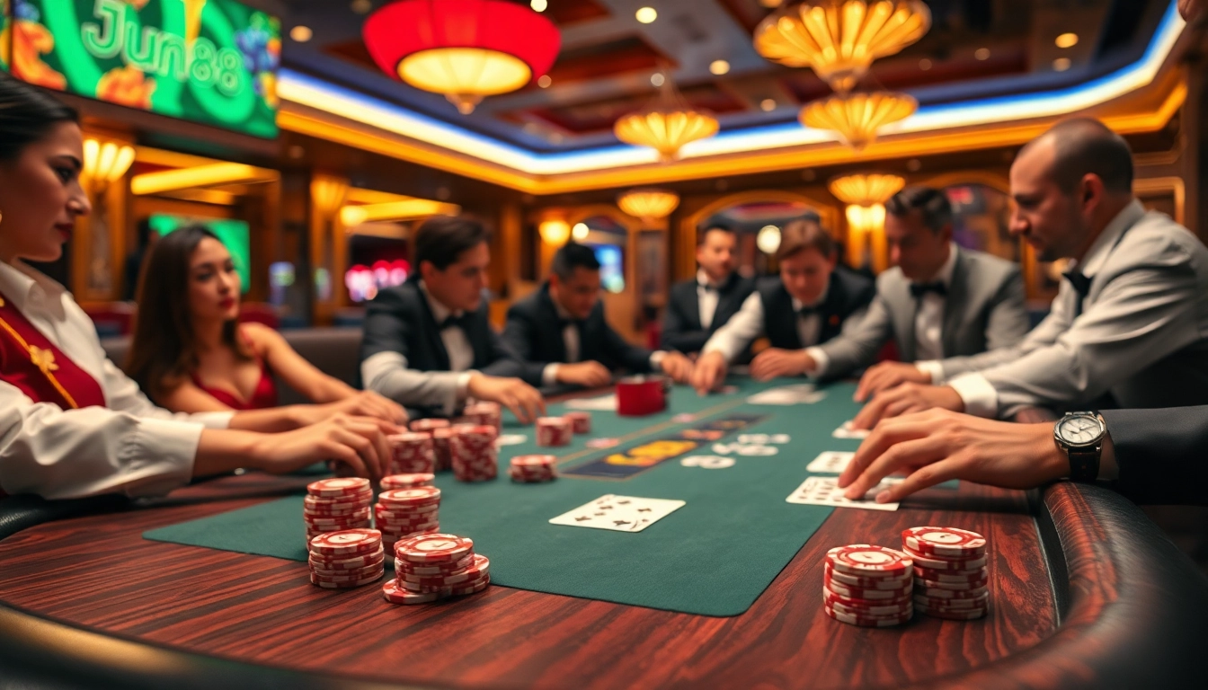 Players enjoying poker at Jun88's luxurious casino table, showcasing vibrant chips and cards.