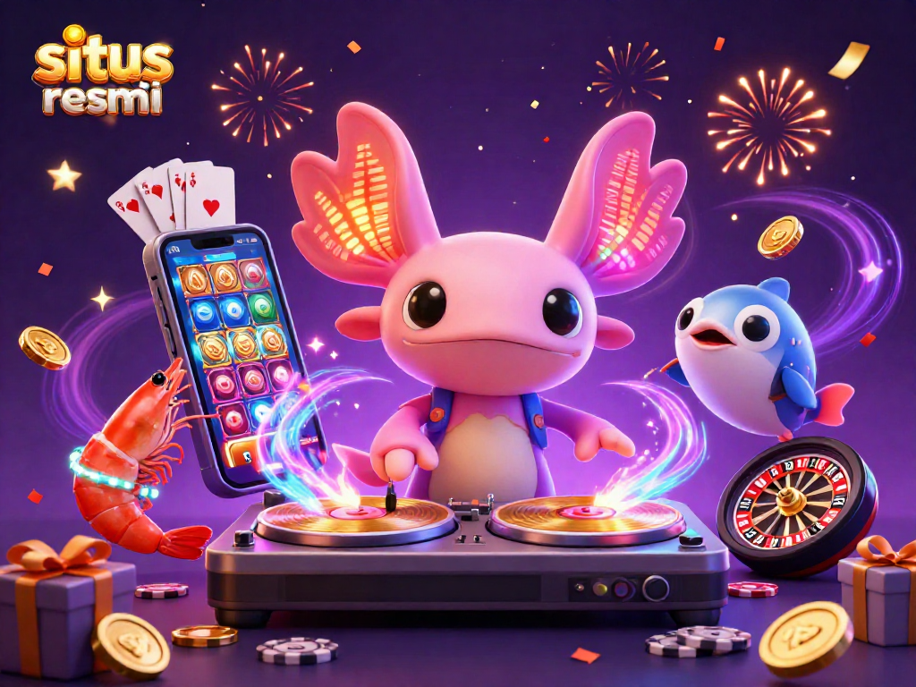 Experience fun and excitement with situs slot resmi featuring vibrant characters, golden coins, and engaging slot games.