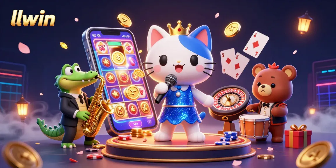 Experience gaming fun at llwin with a jazzy cat, crocodile, and bear cub in a vibrant casino scene.