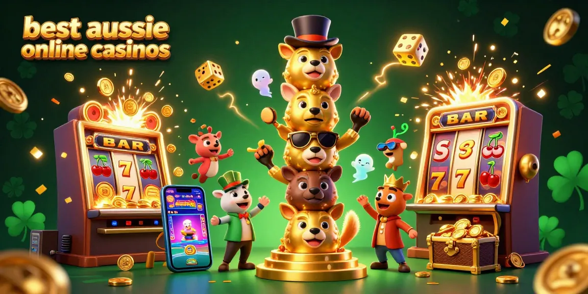 Engage with the best aussie online casinos featuring a lively animated totem pole and exciting slot machine elements.