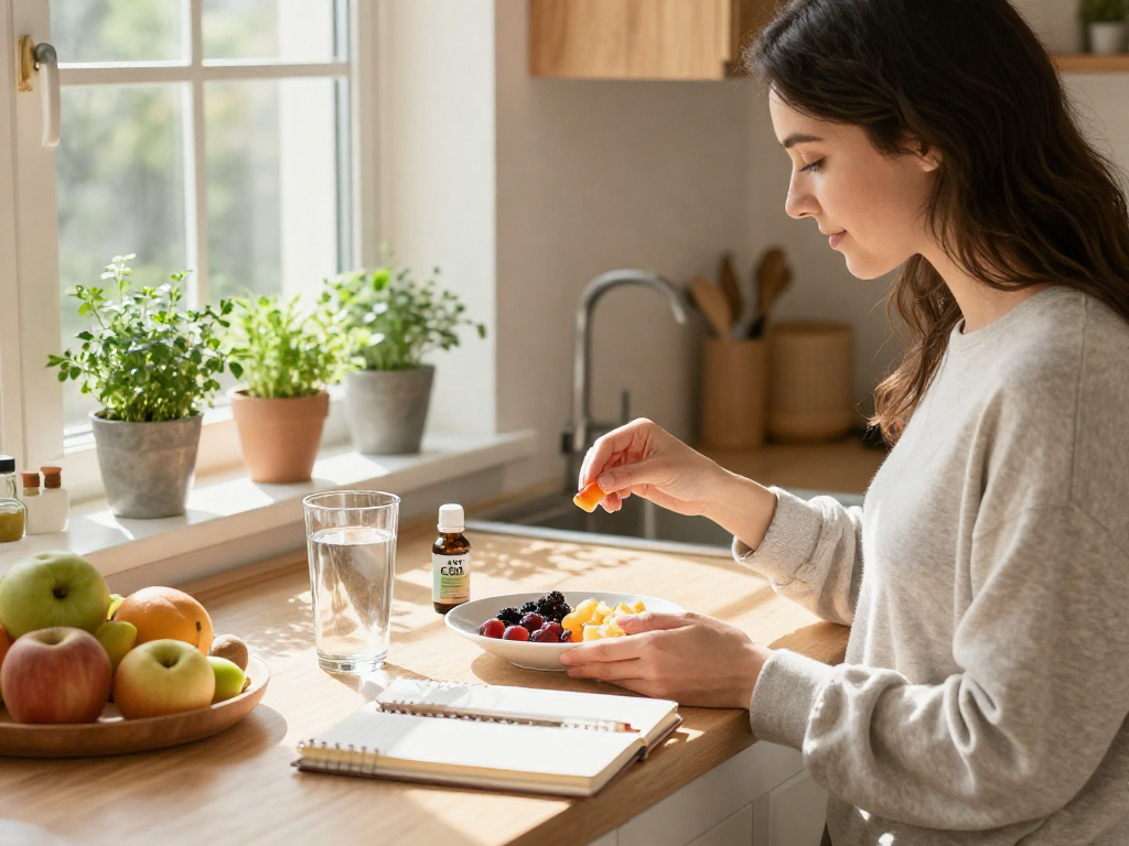 Buy edibles online like organic CBD gummies in a serene kitchen scene showcasing a balanced morning wellness routine.