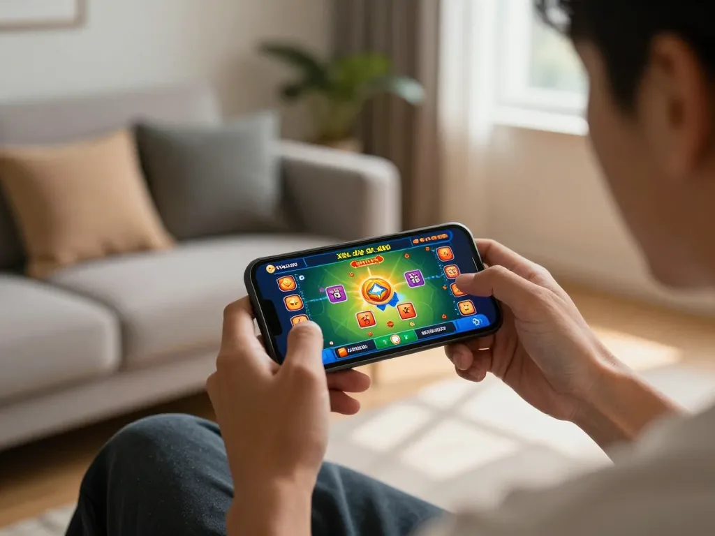 Xóc đĩa online gameplay on smartphone in a cozy living room showcasing engaging player experience.