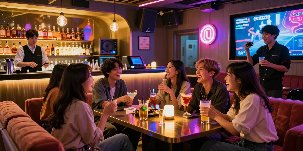 Vibrant 제주유흥 nightlife with friends enjoying drinks and karaoke in Jeju Island's entertainment district.