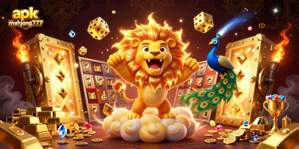 Experience excitement with apk mahjong777, featuring vibrant 3D illustrations of golden elements and casino icons.