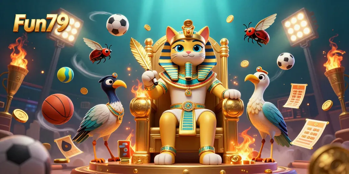 Experience thrilling moments at Fun79, featuring an Egyptian pharaoh cat in a vibrant casino scene.