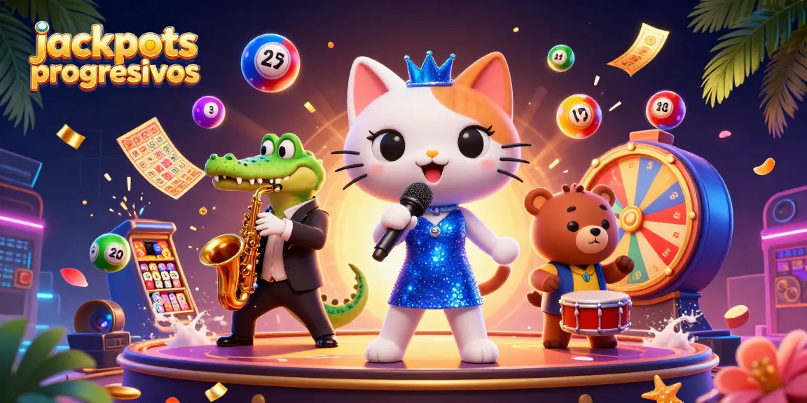 Los jackpots progresivos brillantes animan el escenario con un gato cantante y un cocodrilo saxofonista.