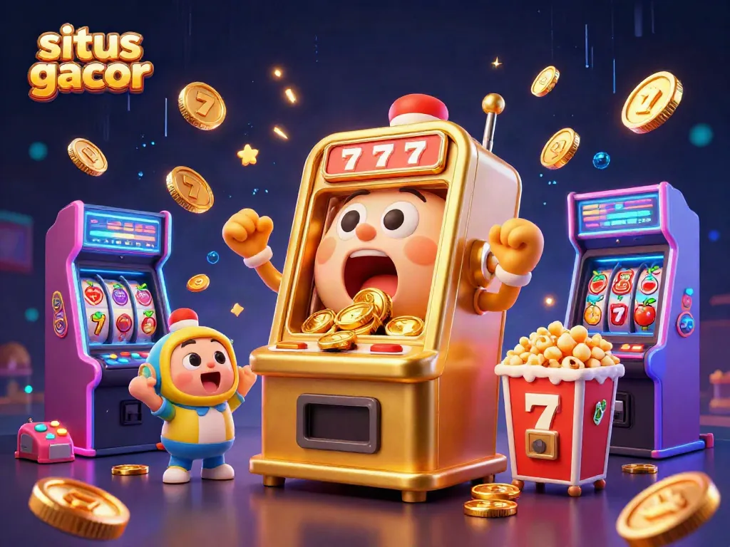 Excited golden slot machine celebrating a jackpot with coins spilling out in this situs gacor scene.