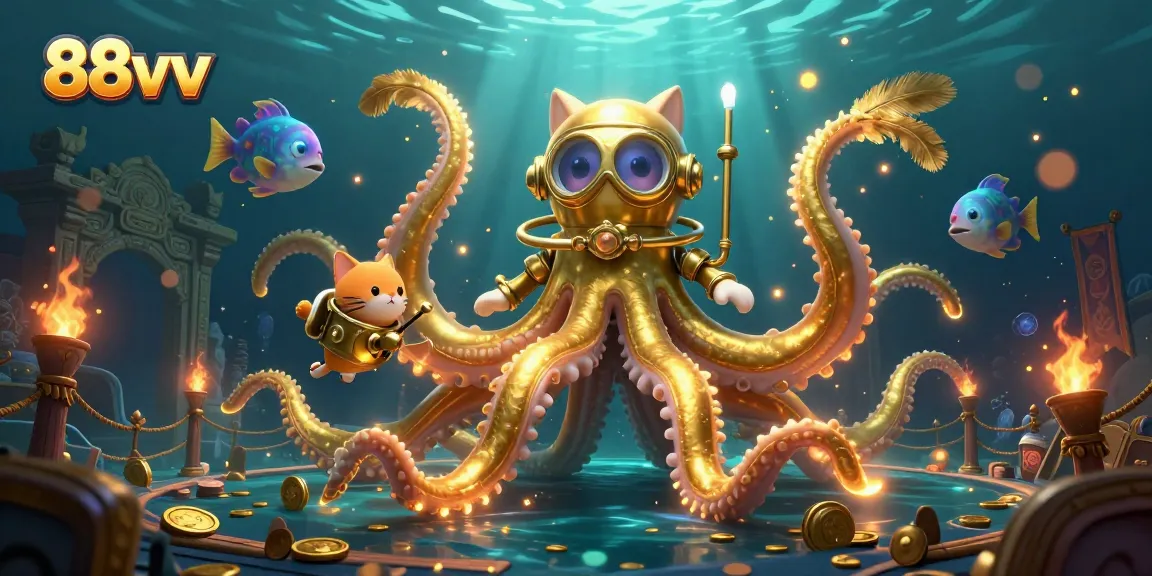Engage with 88vv's vibrant underwater casino adventure featuring a colossal kraken and a diving cat.