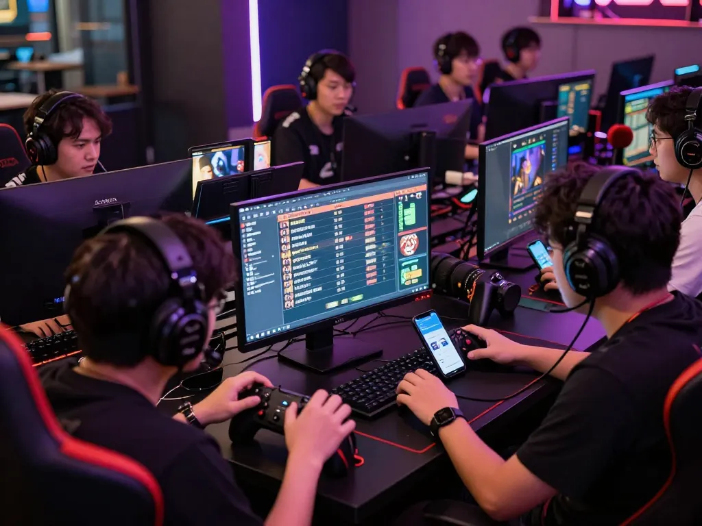 Exciting esports betting Singapore scene with gamers analyzing odds and participating in lively discussions.