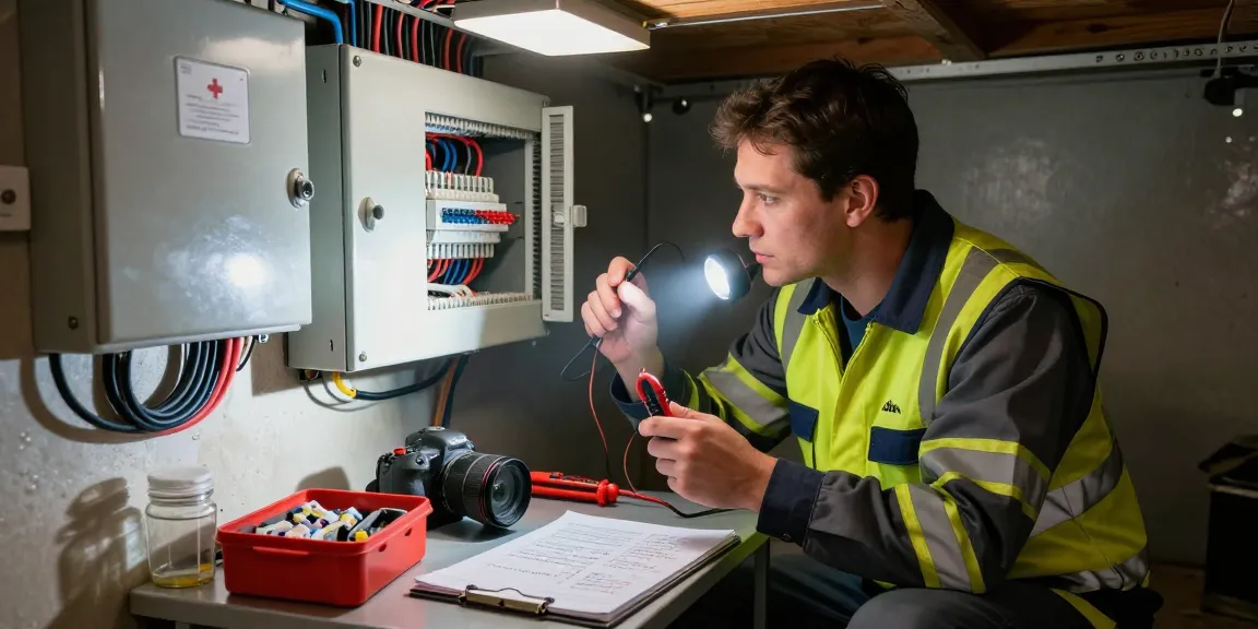 Emergency electrical support by an electrician assessing a blown fuse with tools in a dimly lit basement.