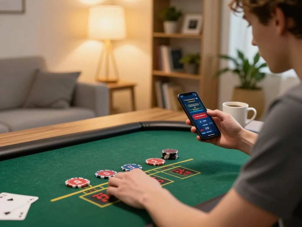 Engaging home blackjack gaming session with sunwin app on smartphone and strategy notes visible.