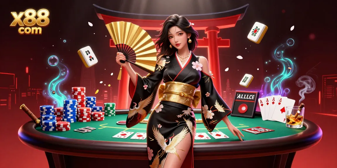 Win big at x88 com in a vibrant online casino scene, featuring Asian women and rich gaming elements.